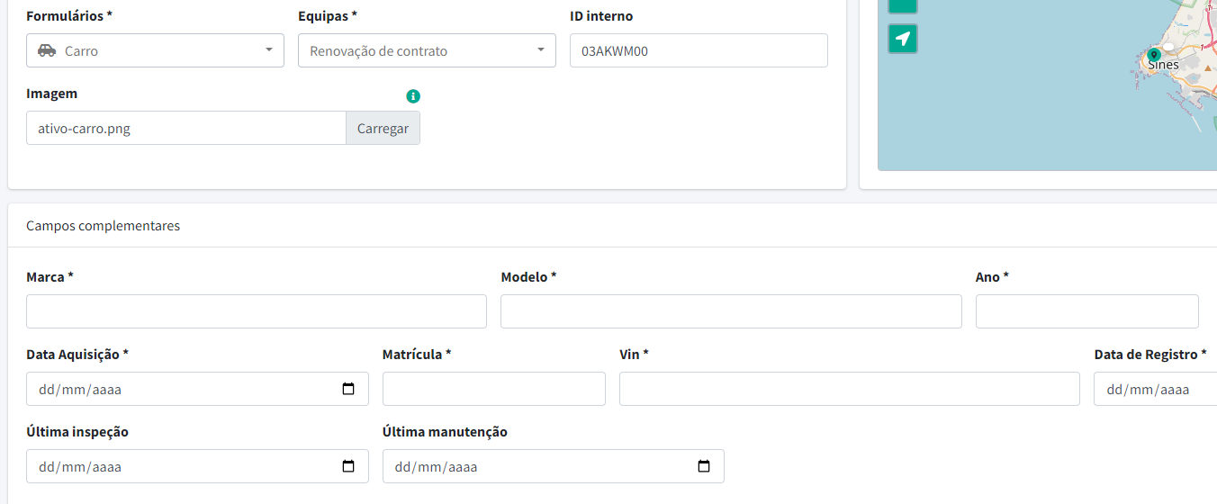 Exemplo de campos complementares associados a um formulário do tipo "Carro", criado para fins exemplificativos.
