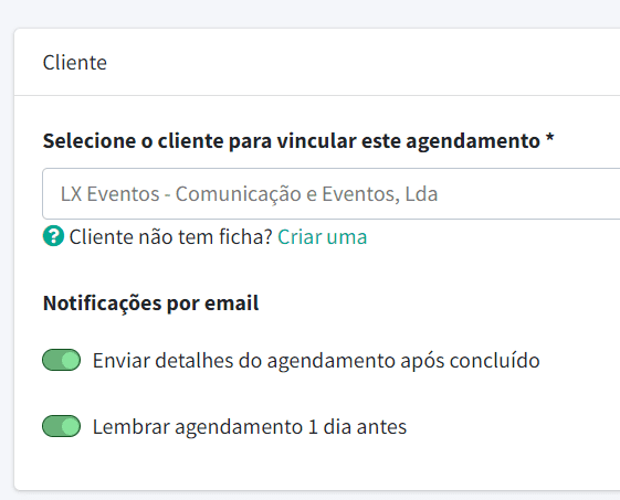 Exemplo de agendamento onde é escolhido o cliente e as opções de notificação.