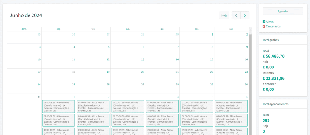 Calendário que contem todos os agendamentos na plataforma.