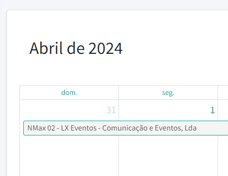 Calendário principal onde consta um agendamento de um ativo de exemplo.