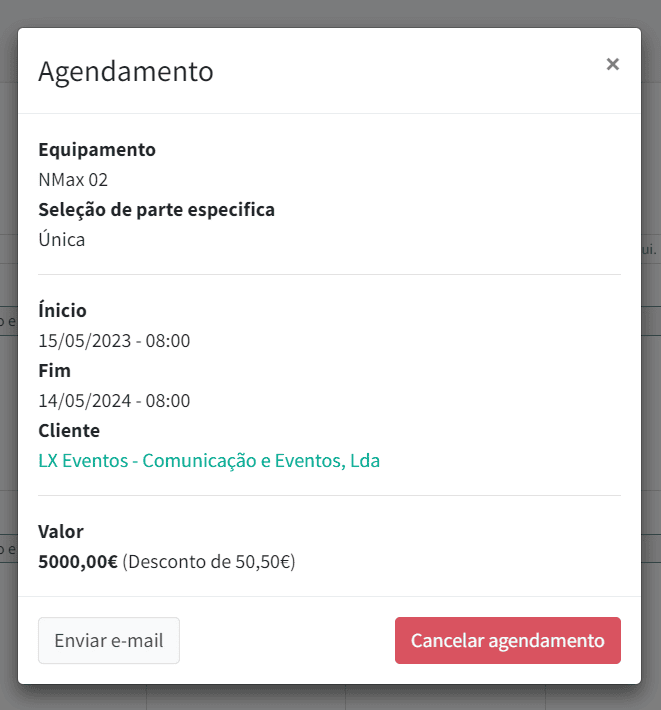 Janela com detalhes do agendamento, com dados de exemplo.