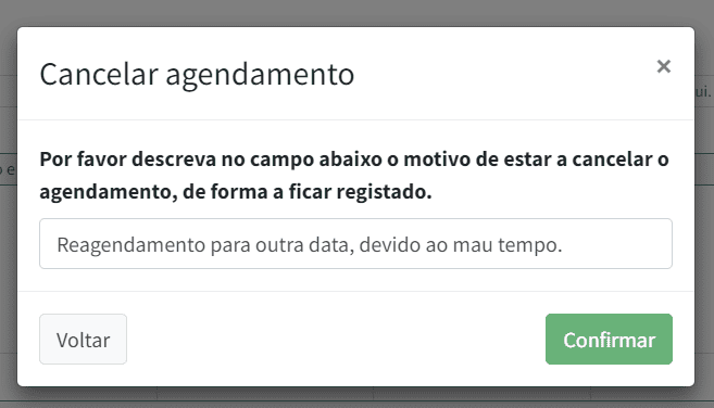 Janela de cancelamento de agendamento, para justificar o motivo.