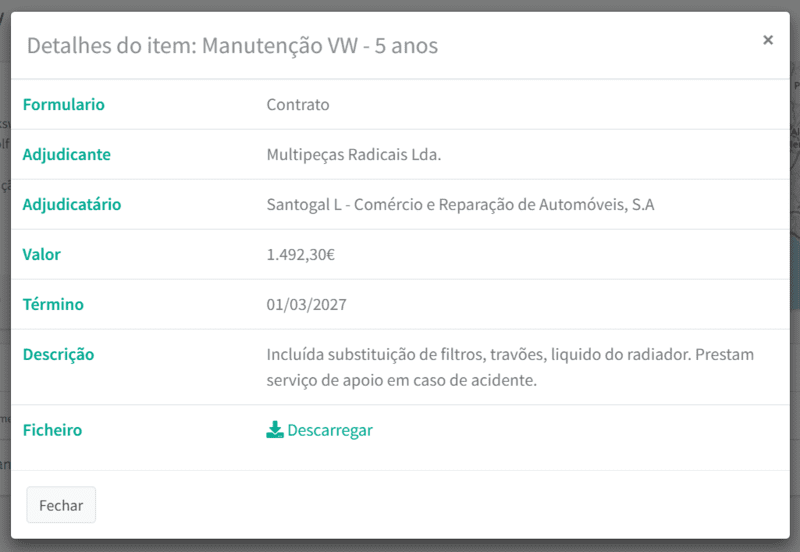 Exemplo de formulário para contrato, com dois campos adicionais.