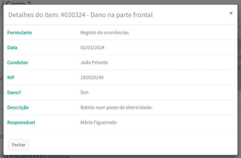 Exemplo de formulário para nota, denominado de "Registo de ocorrências".